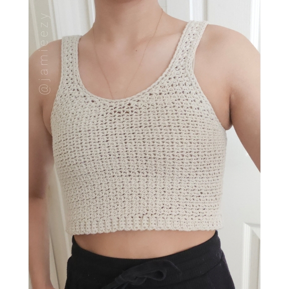 Scoop Neck Crochet Linen Cropped Tank (Handmade) - Ecru - Picture 7 of 7